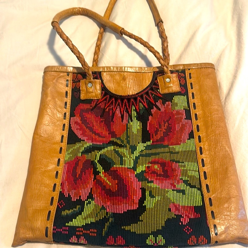 Brown Leather Floral Tote Bag